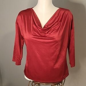 Tahari Red Drape Neck 3/4 Sleeve Stretchy Shiny Pullover Top - Size S